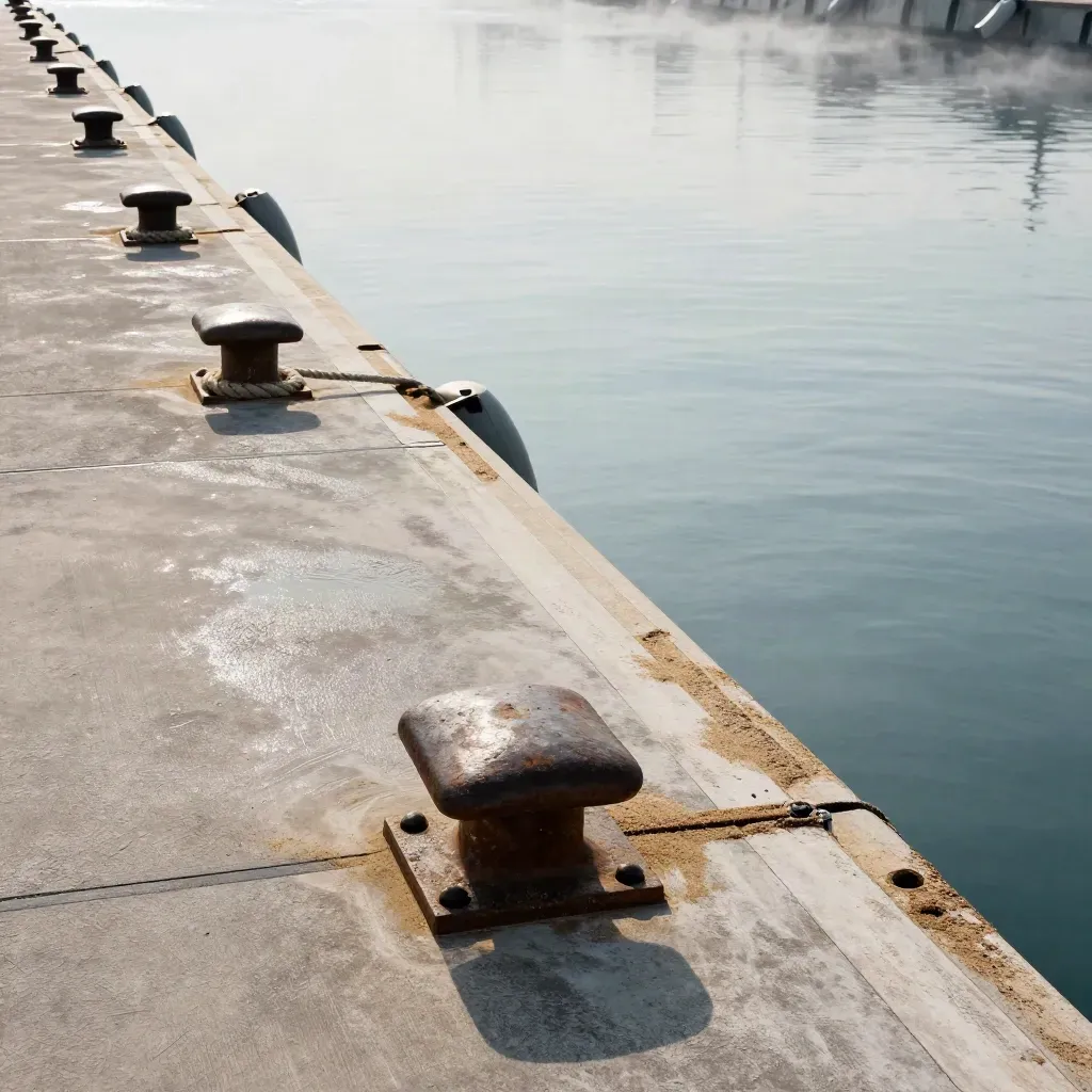 Harbor posts and cleats frame one open berth gap beside a still-reserved slip.
