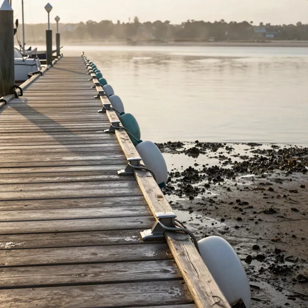 Empty marina slip fingers with fenders and taut lines at low tide in warm late-afternoon light