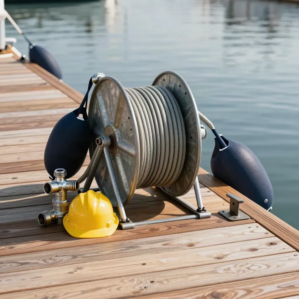 Fuel dock hardware with hose reel, pump-out fitting, safety cap, and hanging fenders