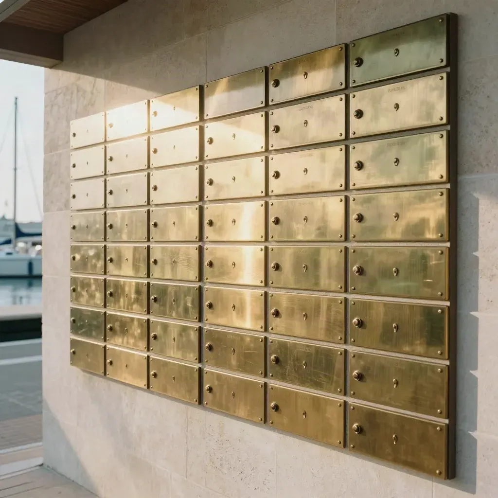 Brass harbor directory plaques and key slots on pale stone wall in dramatic harbor light.