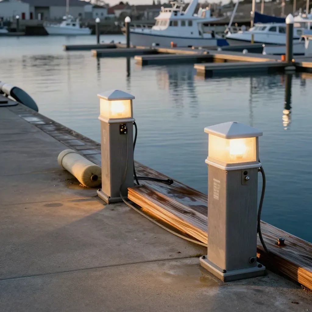 Two lit marina slips at blue dusk with mist and a fuel dock beyond.
