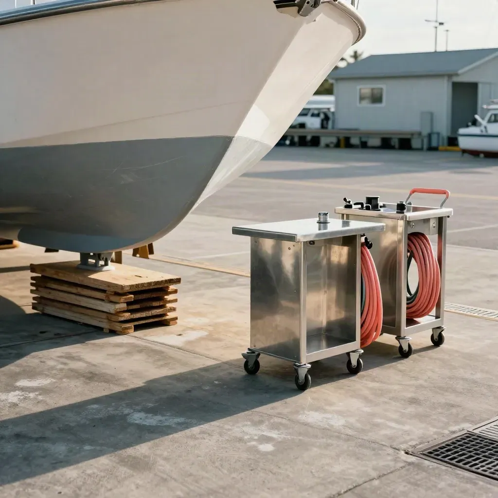 Boatyard stands, chocks and service carts lined up on a sunlit concrete apron.
