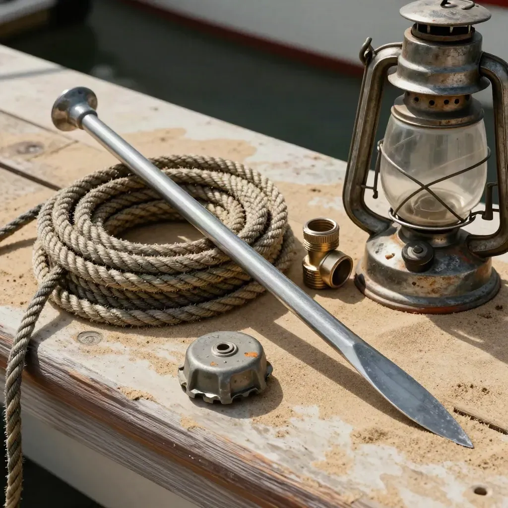 Marlinspike, braided line, hose fitting, fuel cap, and lantern on a dockside workbench
