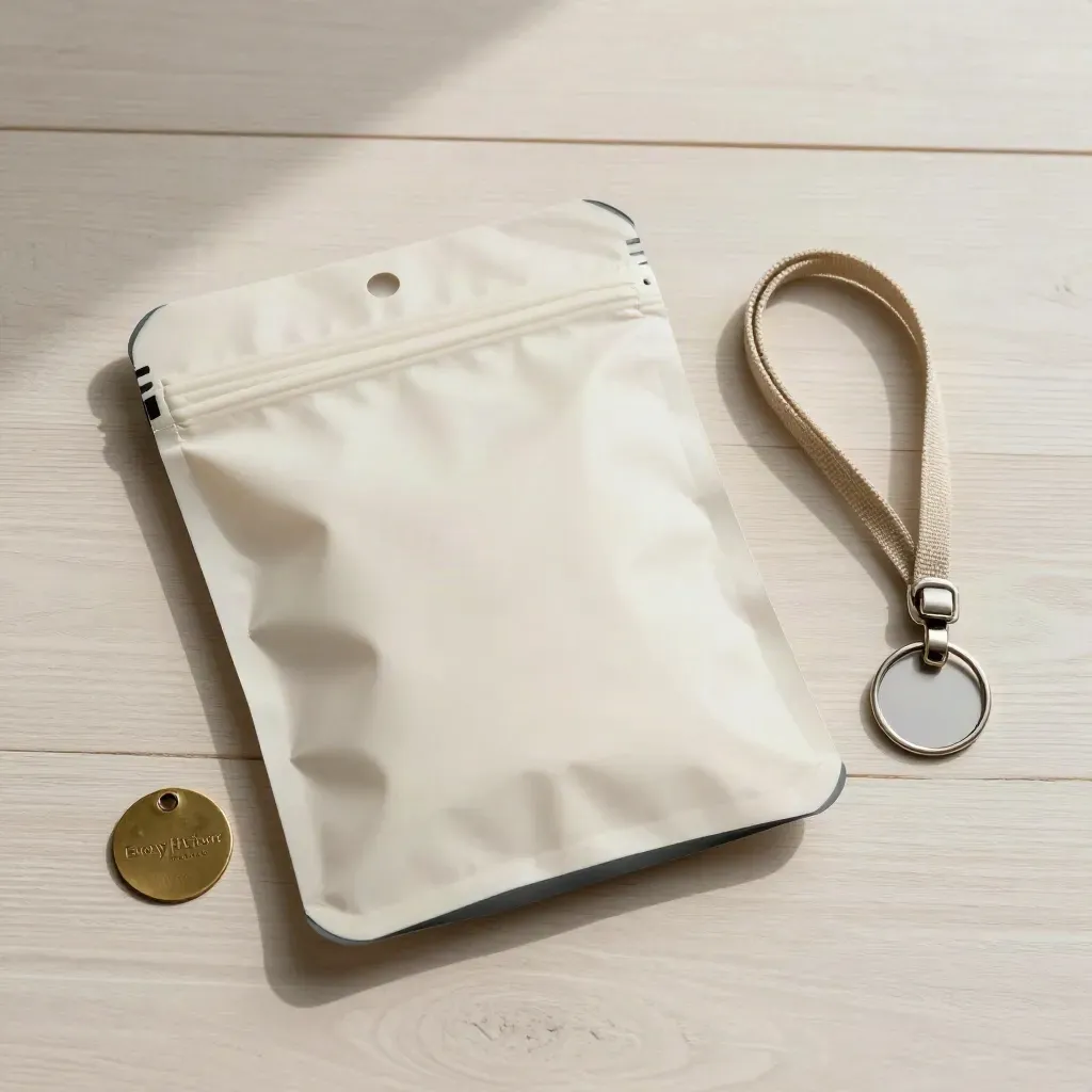 Dry pouch, brass dock token, lanyard and marina key ring on pale wood.
