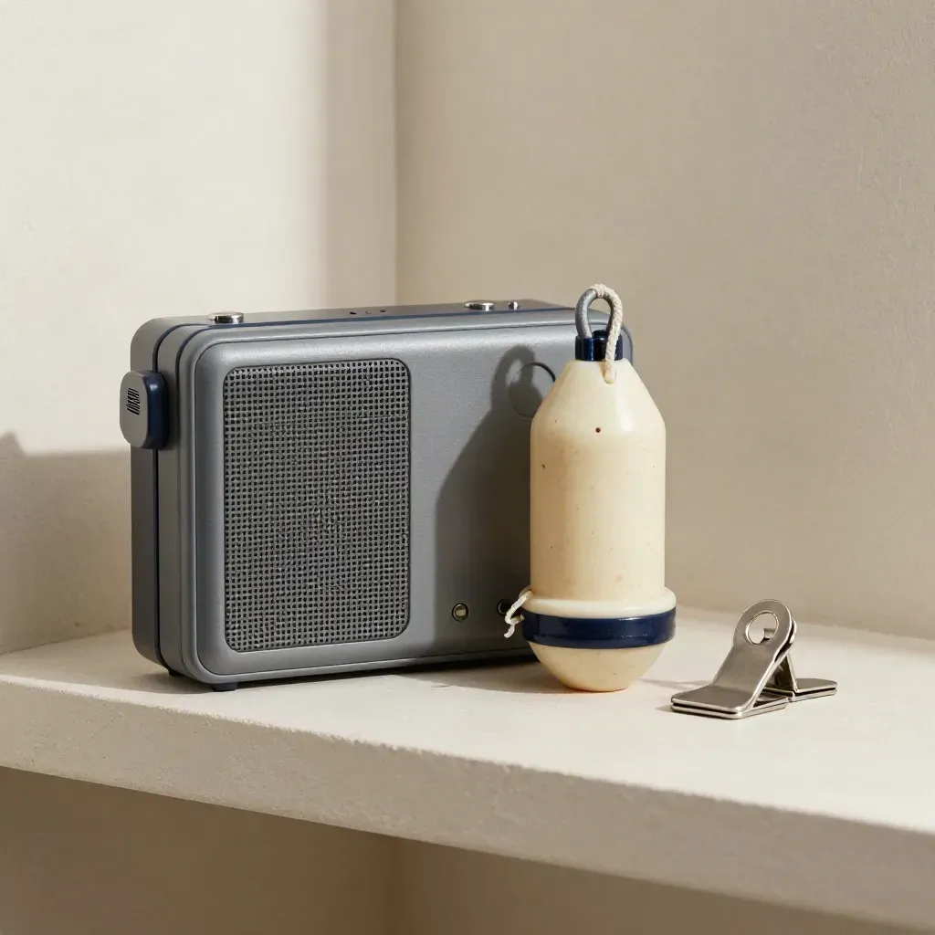 Harbor radio, mooring buoy, and dock clips on a pale plaster shelf in soft side light