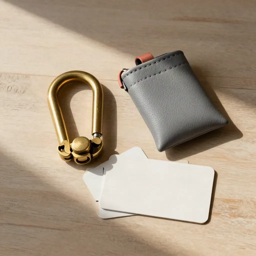 Brass shackle, marina pouch, and dock tags on brushed wood in soft daylight