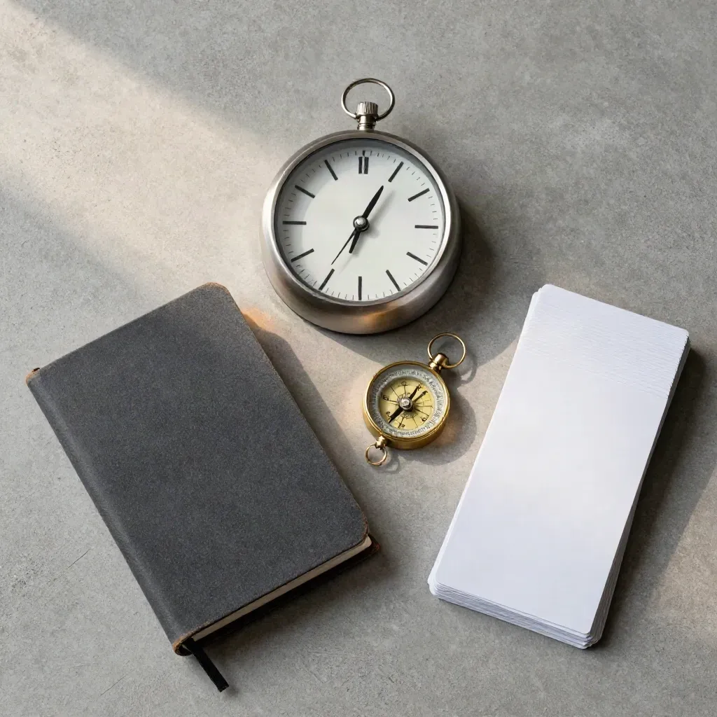 Top-down harbor still life with tide clock, logbook, compass, and harbor cards on concrete.