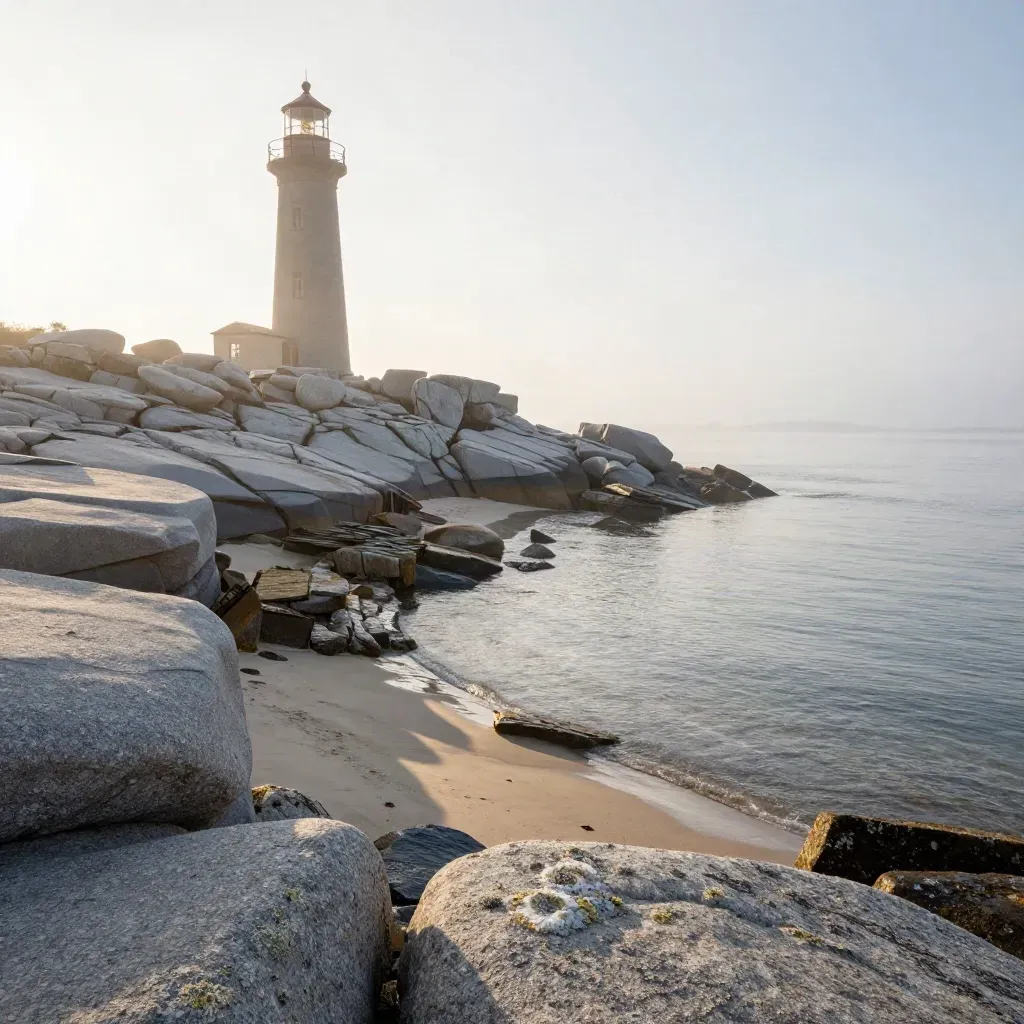 Granite lighthouse on a fog-softened Northeast Coast shoreline at golden hour