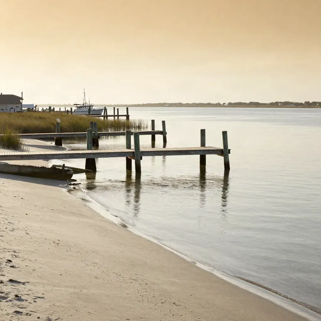 Warm Gulf Coast harbor at dusk with shrimp docks, marsh grass, and calm water under hazy sky.